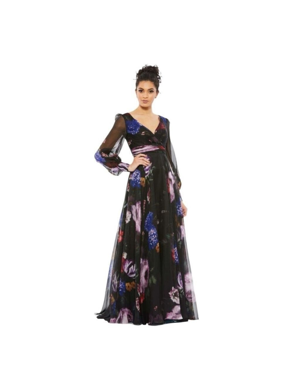 Women's Mac Duggal Black Multicolor Floral Long Sleeve Maxi Chiffon Dress Size 2